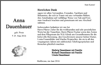 Traueranzeige von Anna Dauenhauer 
