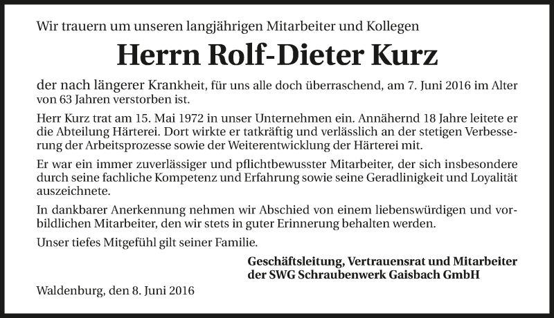  Traueranzeige für Rolf-Dieter Kurz vom 10.06.2016 aus 
