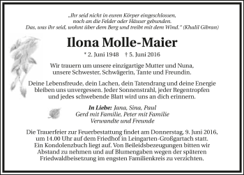 Traueranzeige von Ilona Molle-Maier 