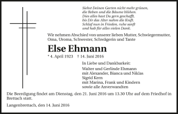 Traueranzeige von Else Ehmann