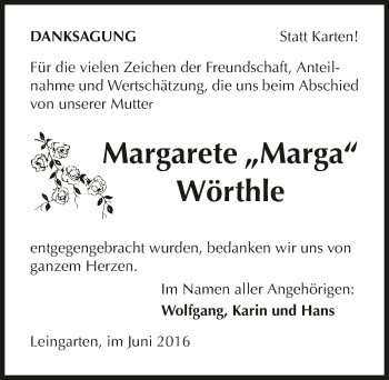 Traueranzeige von Margarete Wörthle 