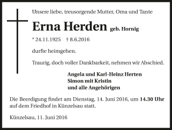 Traueranzeige von Erna Herden 