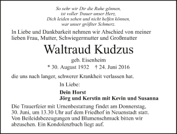 Traueranzeige von Waldtraud Kudzus 