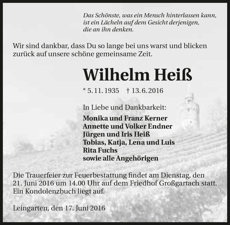  Traueranzeige für Wilhelm Heiß vom 17.06.2016 aus 