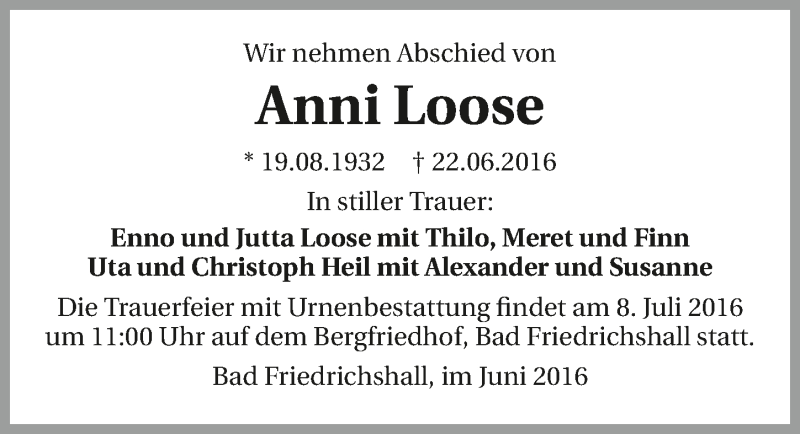  Traueranzeige für Anni Loose vom 29.06.2016 aus 