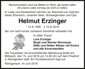Traueranzeige von Helmut Erzinger 