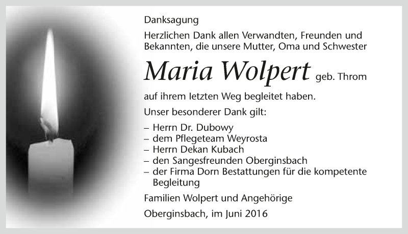  Traueranzeige für Maria Wolpert vom 07.06.2016 aus 