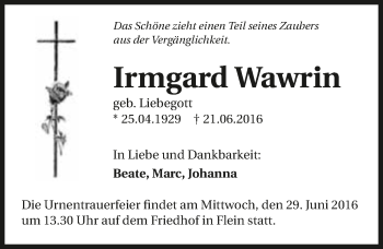 Traueranzeige von Irmgard Wawrin 