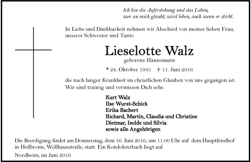  Traueranzeige für Lieselotte Walz vom 14.06.2016 aus 
