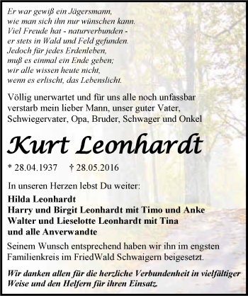 Traueranzeige von Kurt Leonhardt 