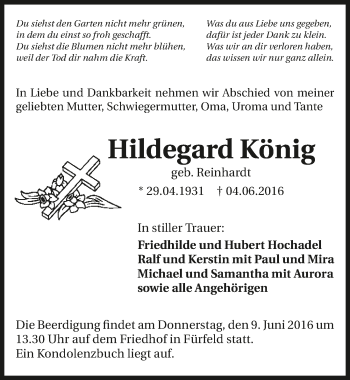 Traueranzeige von Hildegard König 