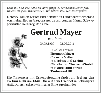 Traueranzeige von Gertrud Mayer 