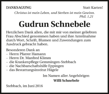Traueranzeige von Gudrun Schnebele 