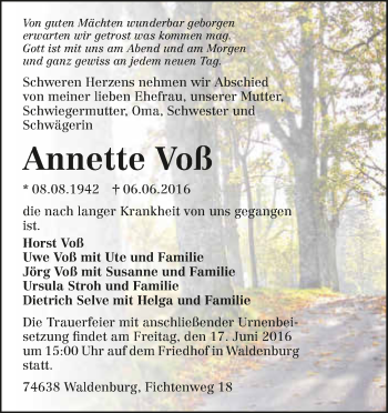 Traueranzeige von Annette Voß 