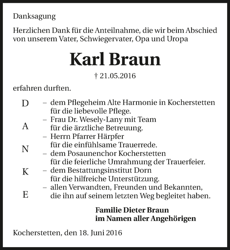  Traueranzeige für Karl Braun vom 18.06.2016 aus 