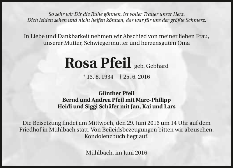  Traueranzeige für Rosa Pfeil vom 28.06.2016 aus 