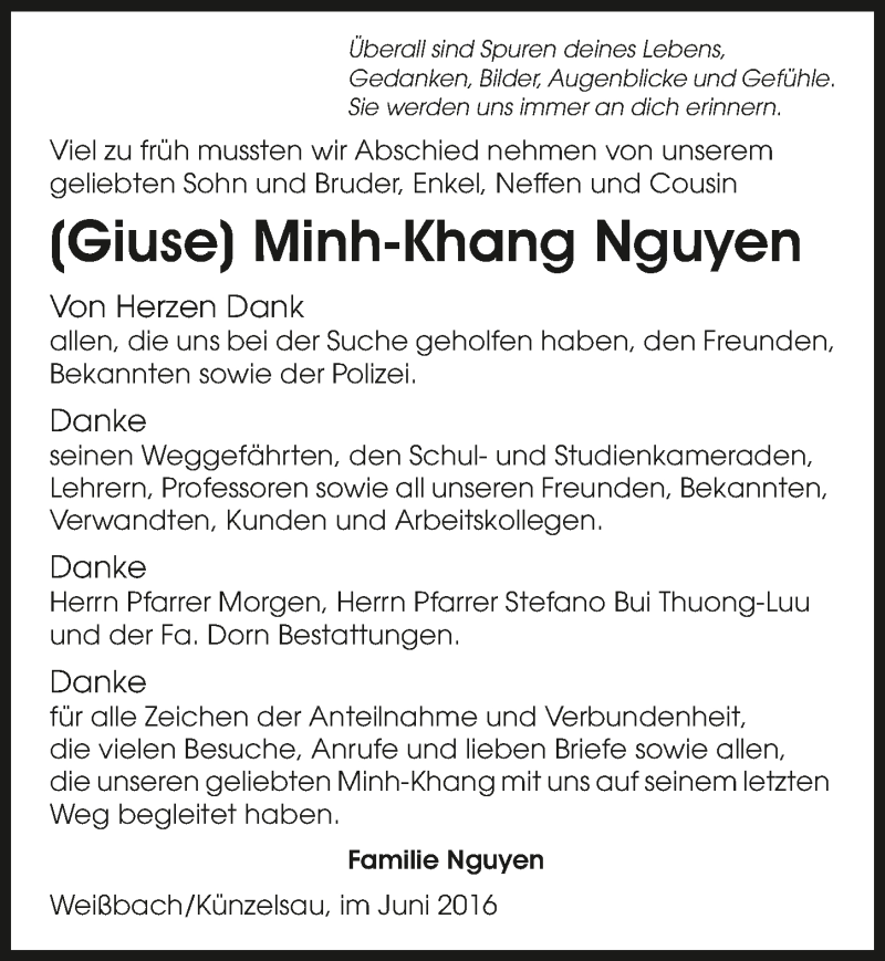 Traueranzeige für Minh-Khang Nguyen vom 11.06.2016 aus 