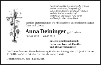 Traueranzeige von Anna Deininger 