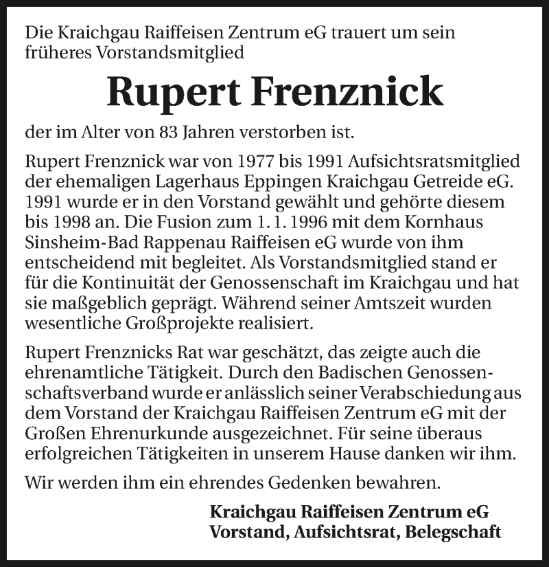  Traueranzeige für Rupert Frenznick vom 08.06.2016 aus 