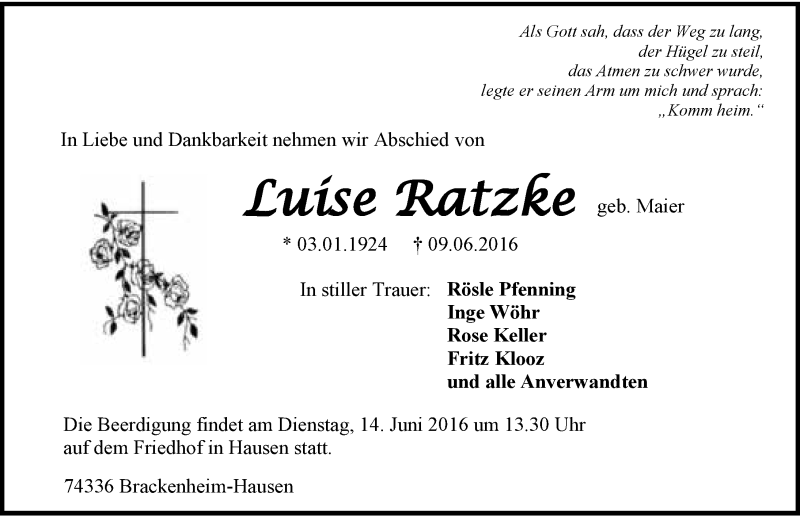  Traueranzeige für Luise Ratzke vom 10.06.2016 aus 