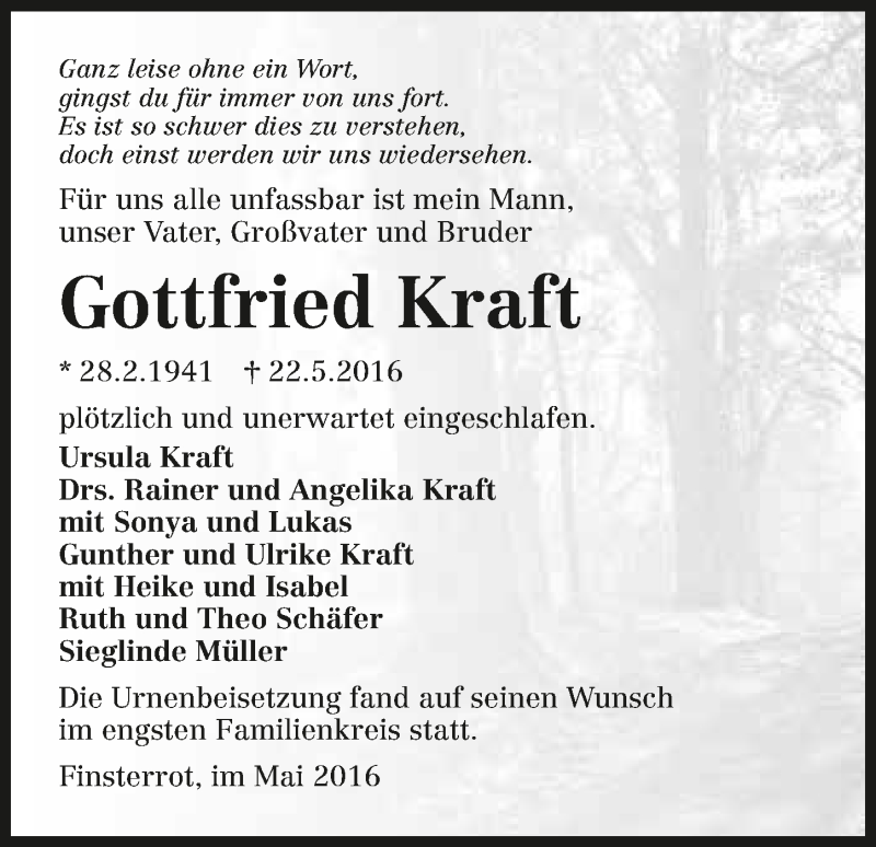  Traueranzeige für Gottfried Kraft vom 01.06.2016 aus 
