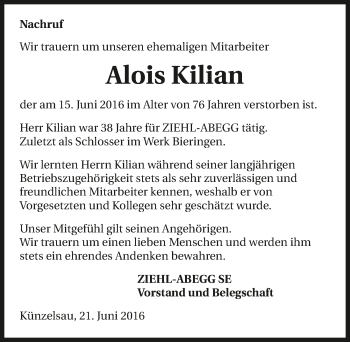 Traueranzeige von Alois Kilian 