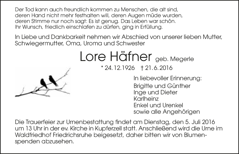  Traueranzeige für Lore Häfner vom 30.06.2016 aus 