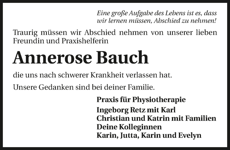  Traueranzeige für Annerose Bauch vom 17.06.2016 aus 