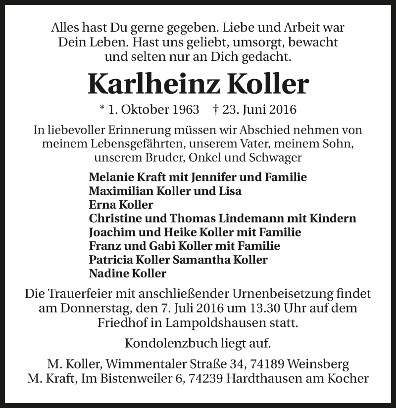  Traueranzeige für Karlheinz Koller vom 01.07.2016 aus 