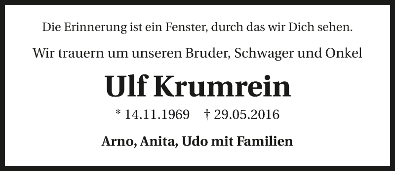  Traueranzeige für Ulf Krumrein vom 04.06.2016 aus 