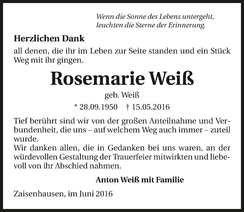  Traueranzeige für Rosemarie Weiß vom 03.06.2016 aus 