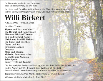 Traueranzeige von Willi Birkert 