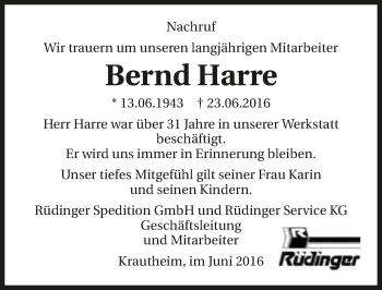 Traueranzeige von Bernd Harre 