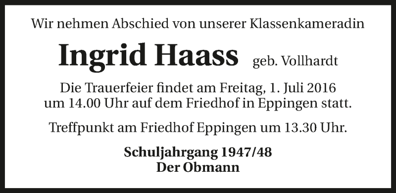  Traueranzeige für Ingrid Haass vom 30.06.2016 aus 