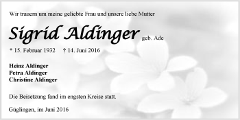 Traueranzeige von Sigrid Aldinger 