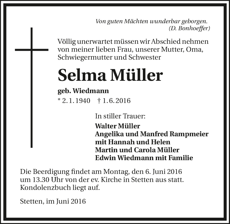  Traueranzeige für Selma Müller vom 03.06.2016 aus 