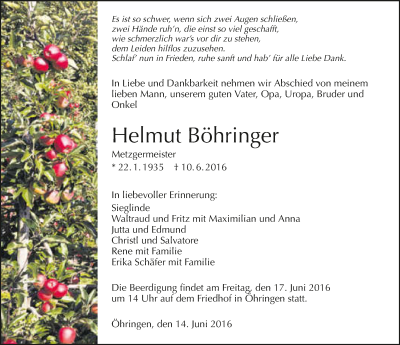  Traueranzeige für Helmut Böhringer vom 14.06.2016 aus 