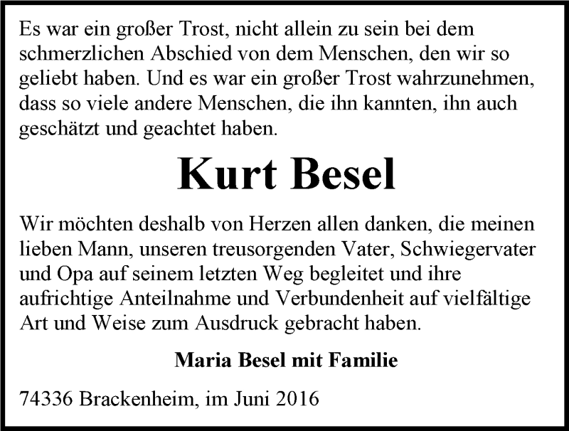  Traueranzeige für Kurt Besel vom 01.07.2016 aus 