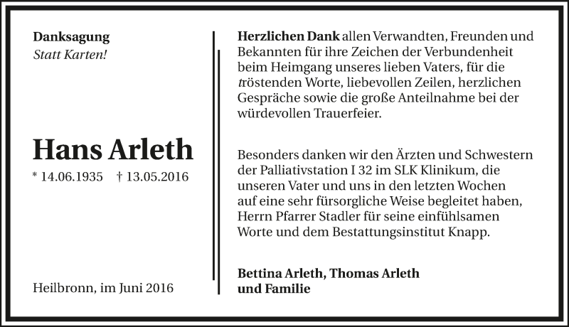  Traueranzeige für Hans Arleth vom 07.06.2016 aus 