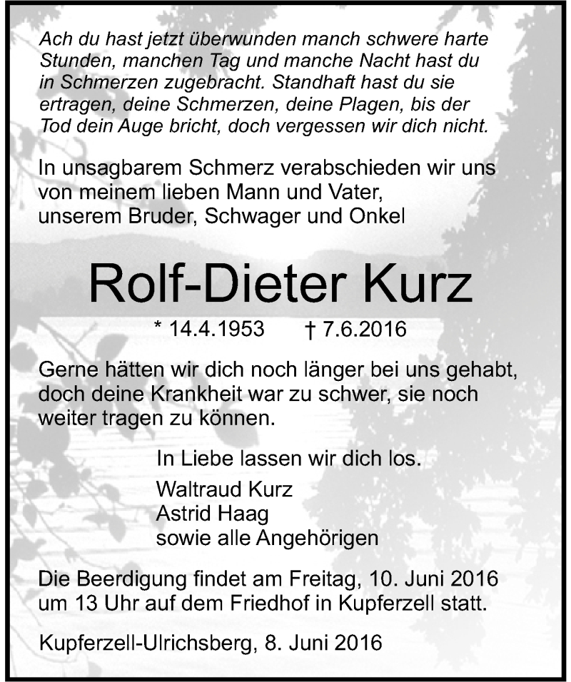  Traueranzeige für Rolf-Dieter Kurz vom 09.06.2016 aus 