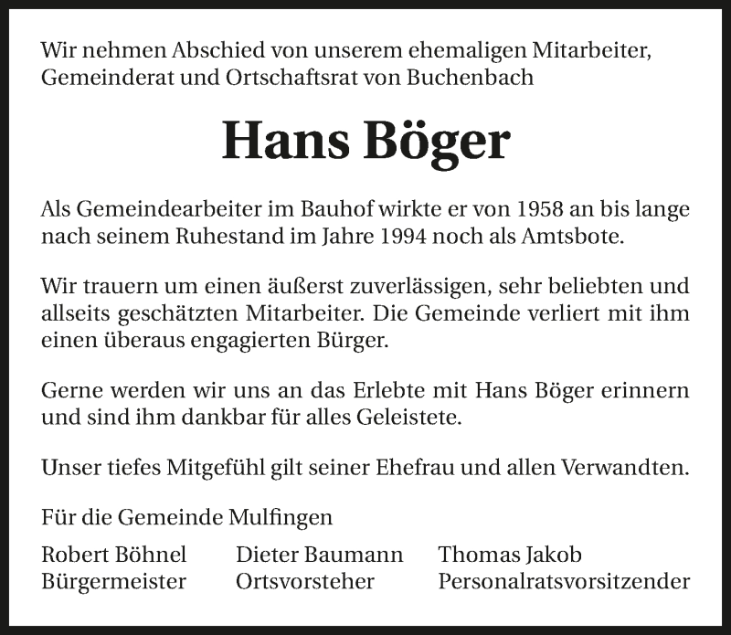  Traueranzeige für Hans Böger vom 10.06.2016 aus 