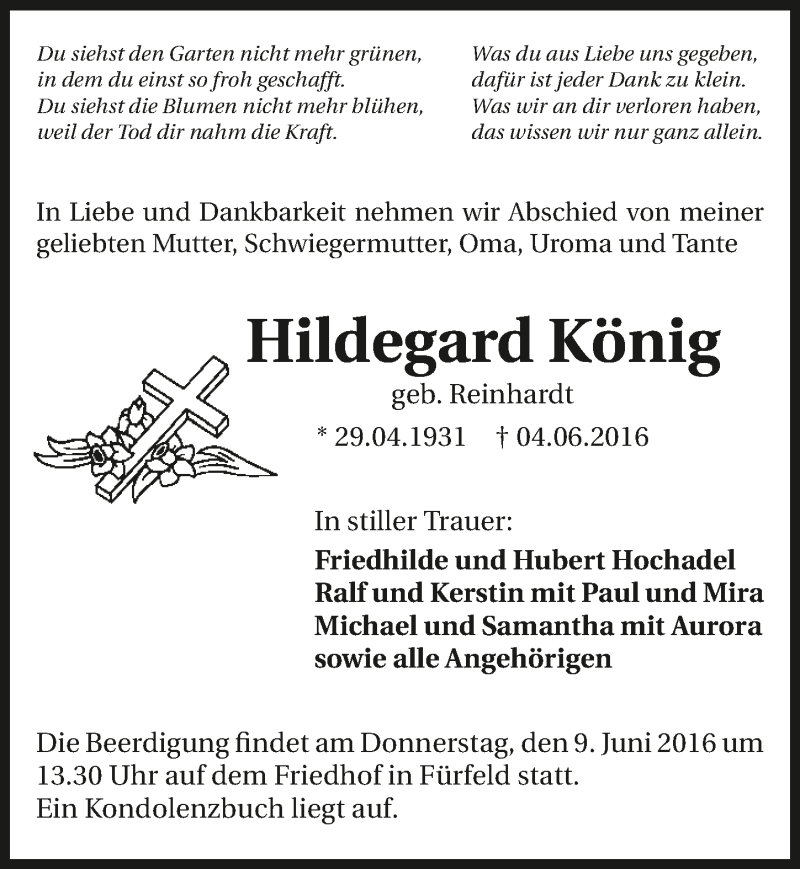  Traueranzeige für Hildegard König vom 07.06.2016 aus 