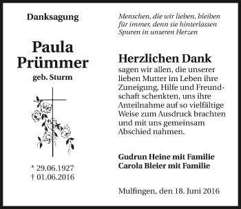 Traueranzeige von Paula Prümmer 