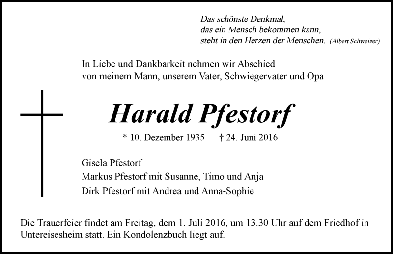  Traueranzeige für Harald Pfestorf vom 27.06.2016 aus 