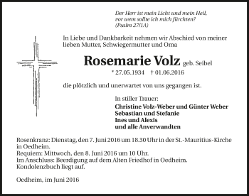 Traueranzeige von Rosemarie Volz 