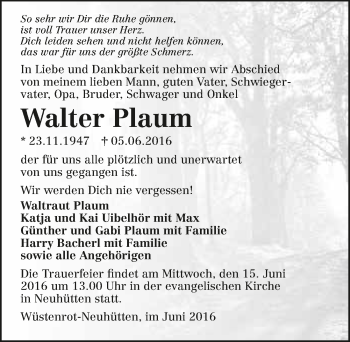 Traueranzeige von Walter Plaum 