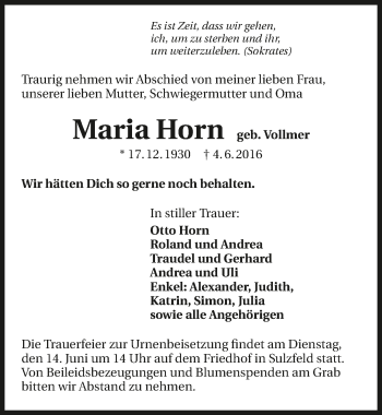 Traueranzeige von Maria Horn 