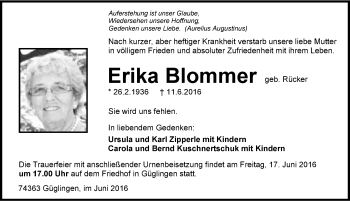 Traueranzeige von Erika Blommer 