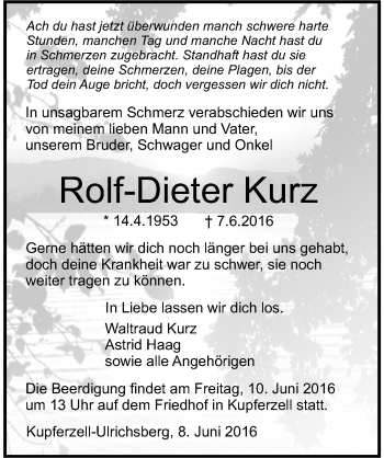 Traueranzeige von Rolf-Dieter Kurz 