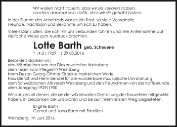 Traueranzeige von Lotte Barth 